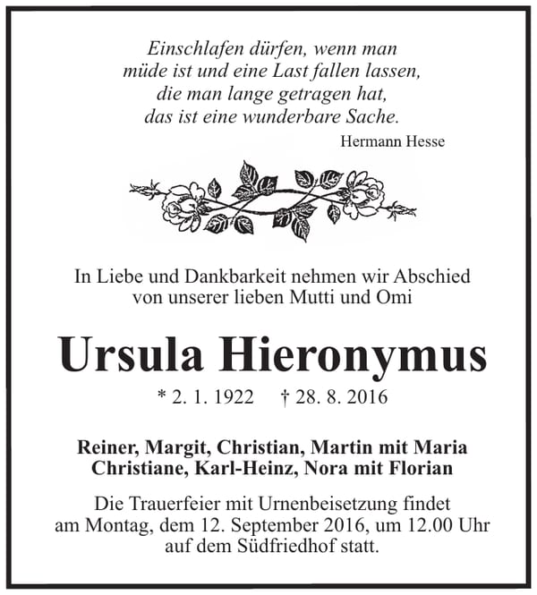 Traueranzeige Ursula Hieronymus