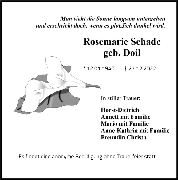 Traueranzeige Rosemarie Schade, geb. Doil