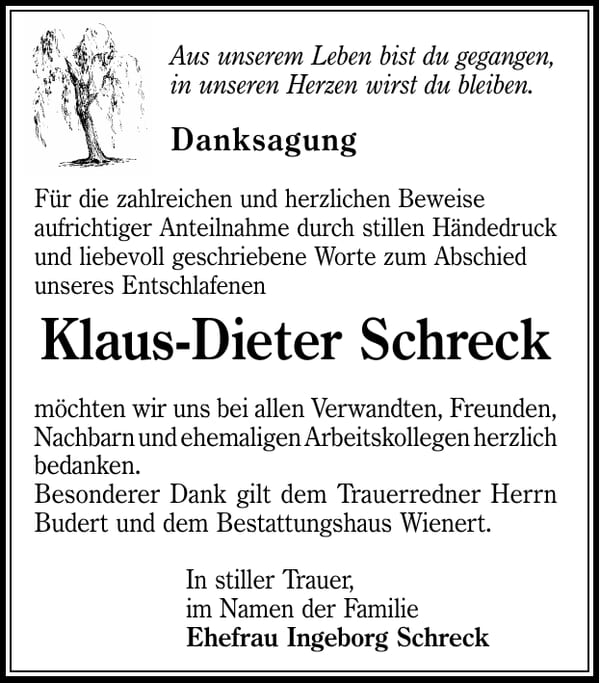 Danksagung Klaus-Dieter Schreck