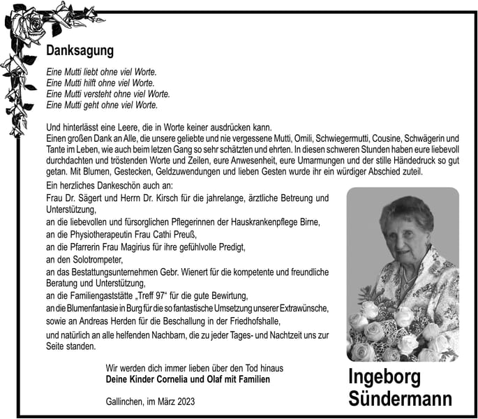 Danksagung Ingeborg Sündermann