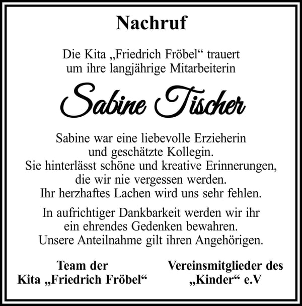 Nachruf Sabine Tischer