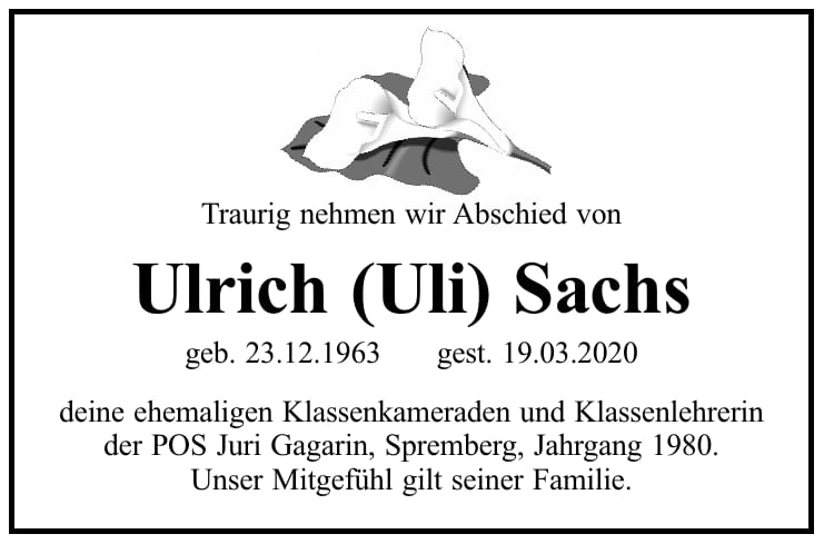 Traueranzeige Ulrich (Uli) Sachs