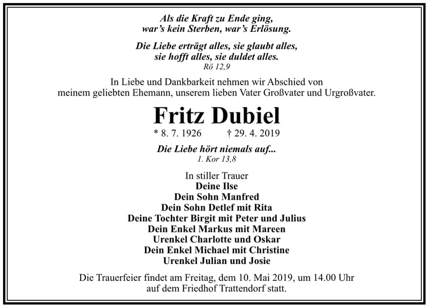 Traueranzeige Fritz Dubiel