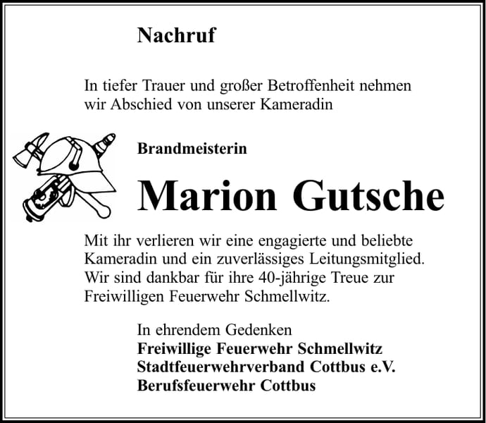 Traueranzeige Brandmeisterin Marion Gutsche