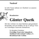 Traueranzeige Brandmeister Günter Quetk