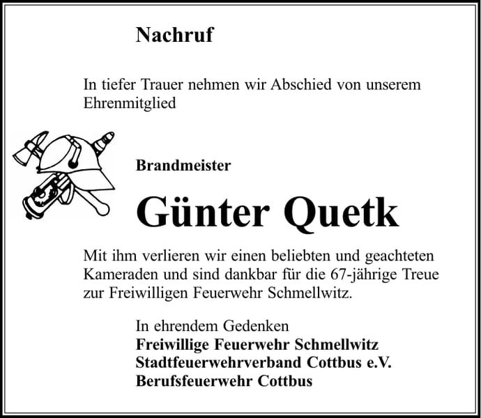 Traueranzeige Brandmeister Günter Quetk