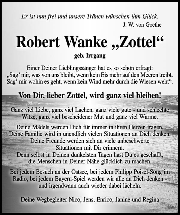 Nachruf Robert Wanke „Zottel“, geb. Irrgang