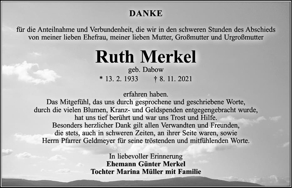Danksagung Ruth Merkel, geb. Dabow