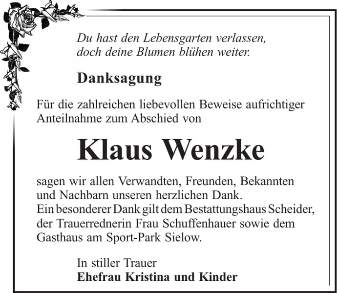 Danksagung Klaus Wenzke