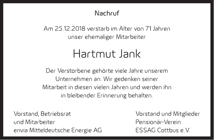 Traueranzeige Hartmut Jank