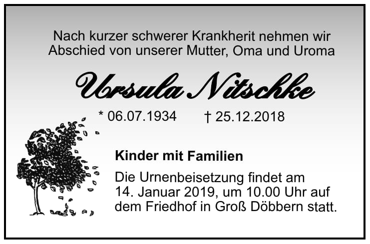 Traueranzeige Ursula Nitschke