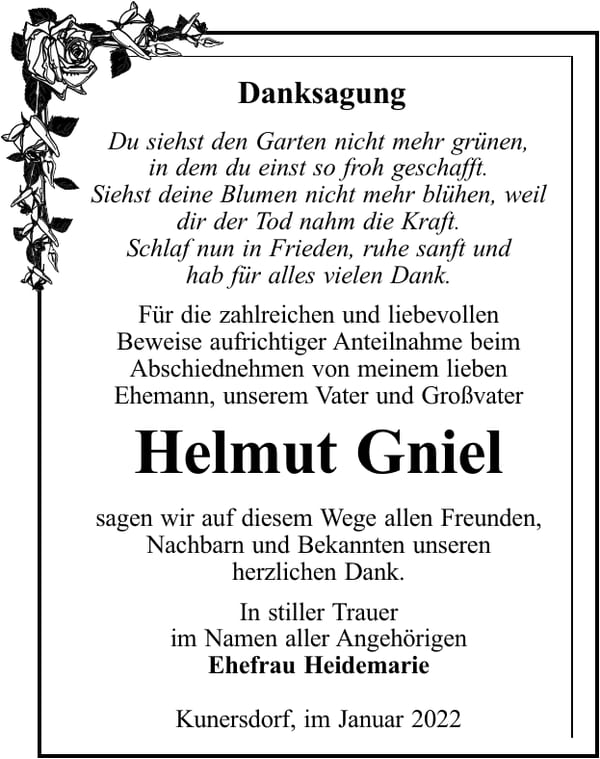 Traueranzeige Helmut Gniel