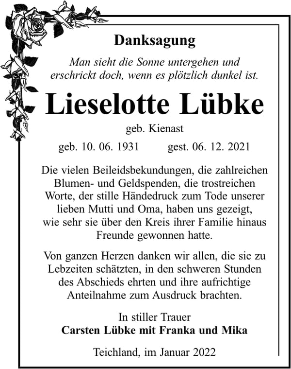 Danksagung Lieselotte Lübke, geb. Kienast