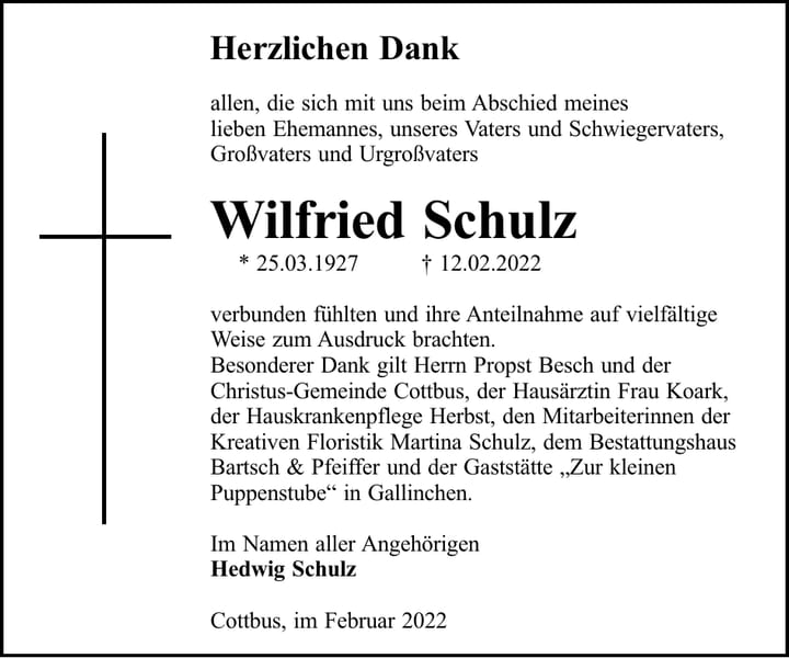 Danksagung Wilfried Schulz