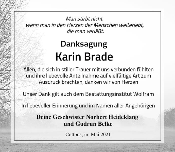 Traueranzeige Karin Brade