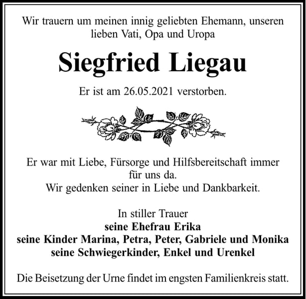 Traueranzeige Siegfried Liegau