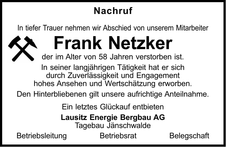 Traueranzeige Frank Netzker