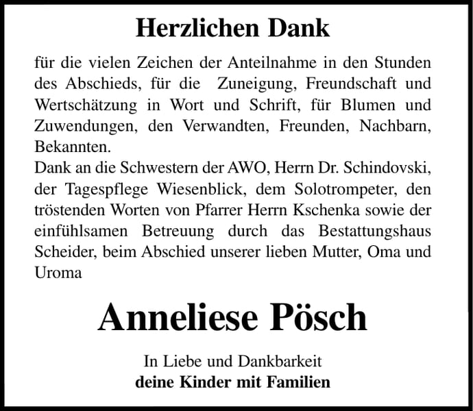 Danksagung Anneliese Pösch