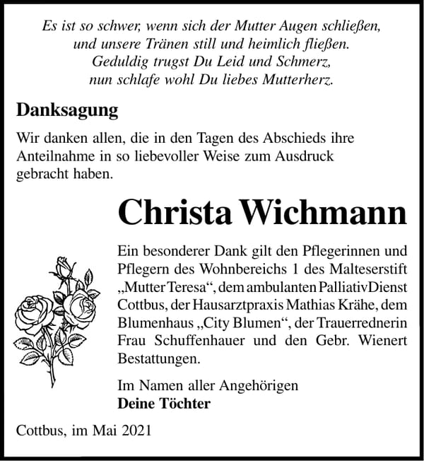 Danksagung Christa Wichmann