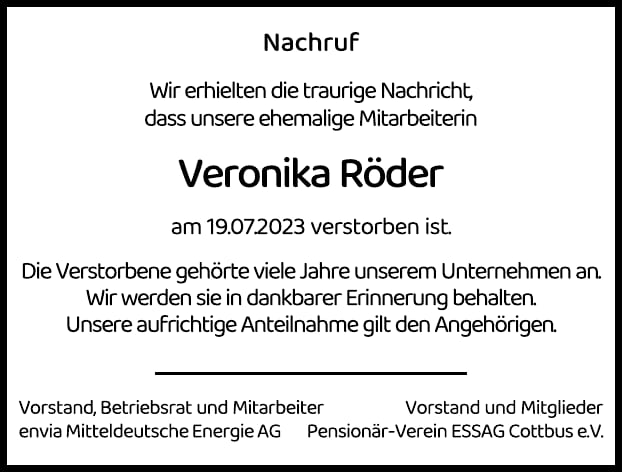 Nachruf Veronika Röder