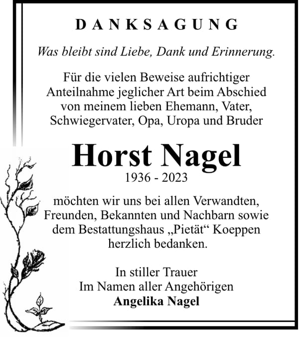 Danksagung Horst Nagel