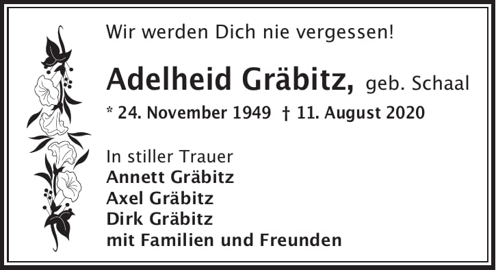 Traueranzeige Adelheid Gräbitz, geb. Schaal