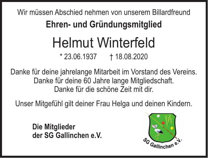 Traueranzeige Helmut Winterfeld