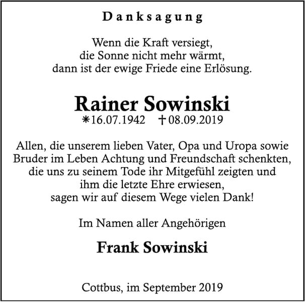 Danksagung Rainer Sowinski