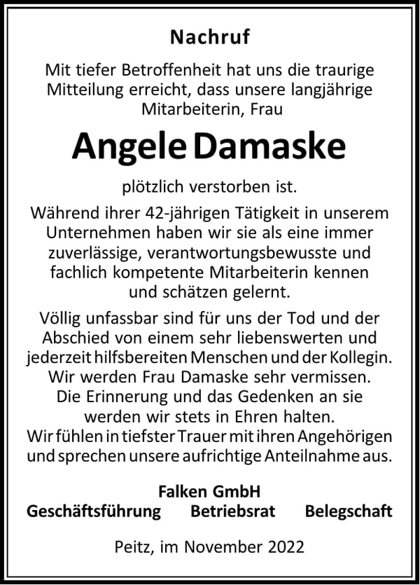 Nachruf Angele Damaske