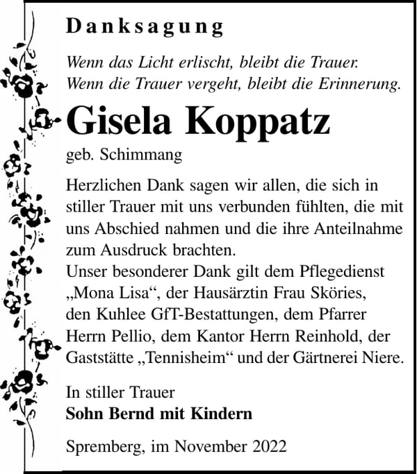 Danksagung Gisela Koppatz, geb. Schimmang