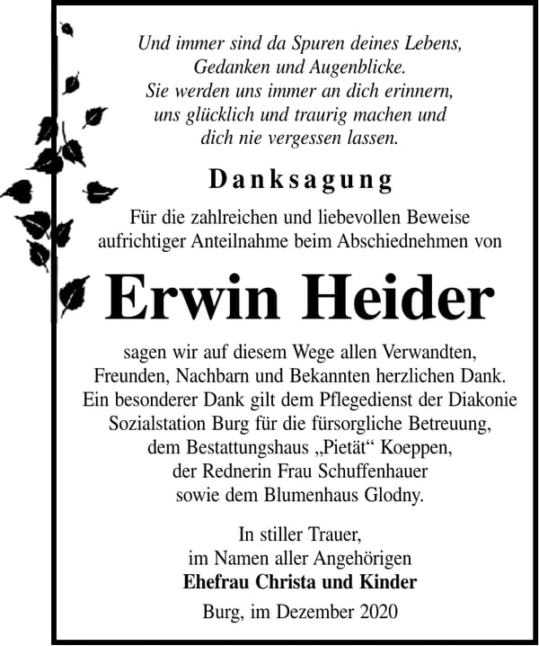 Traueranzeige Erwin Heider