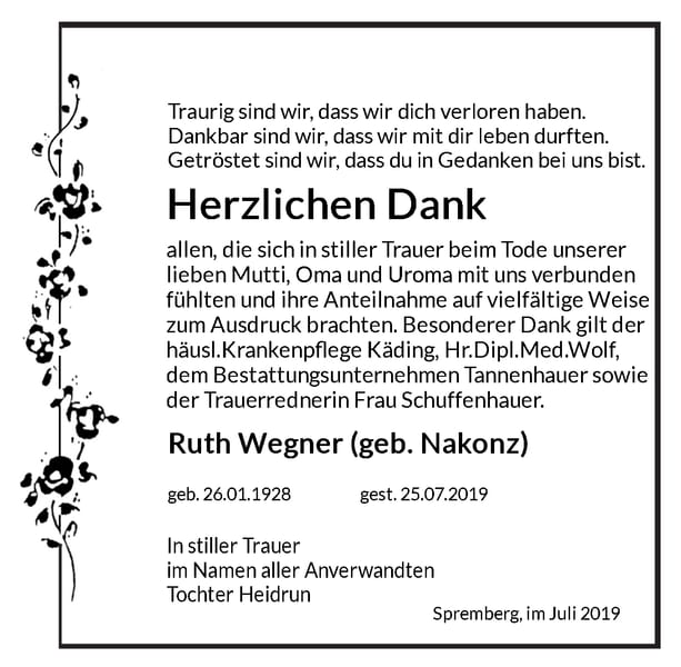 Traueranzeige Ruth Wegner, geb. Nakonz