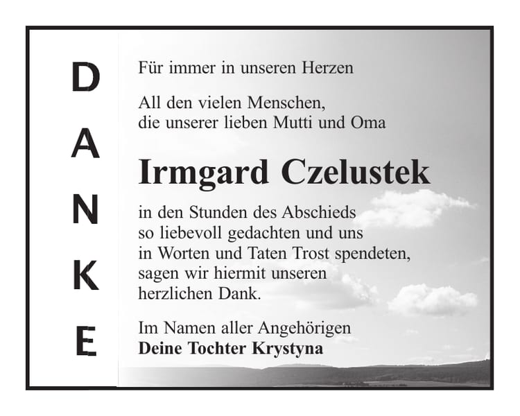 Danksagung Irmgard Czelustek