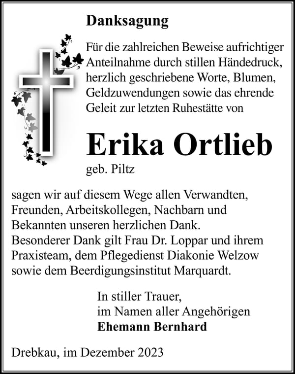 Danksagung Erika Ortlieb, geb. Piltz