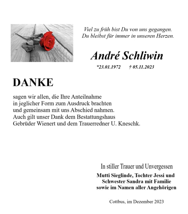 Traueranzeige André Schliwin