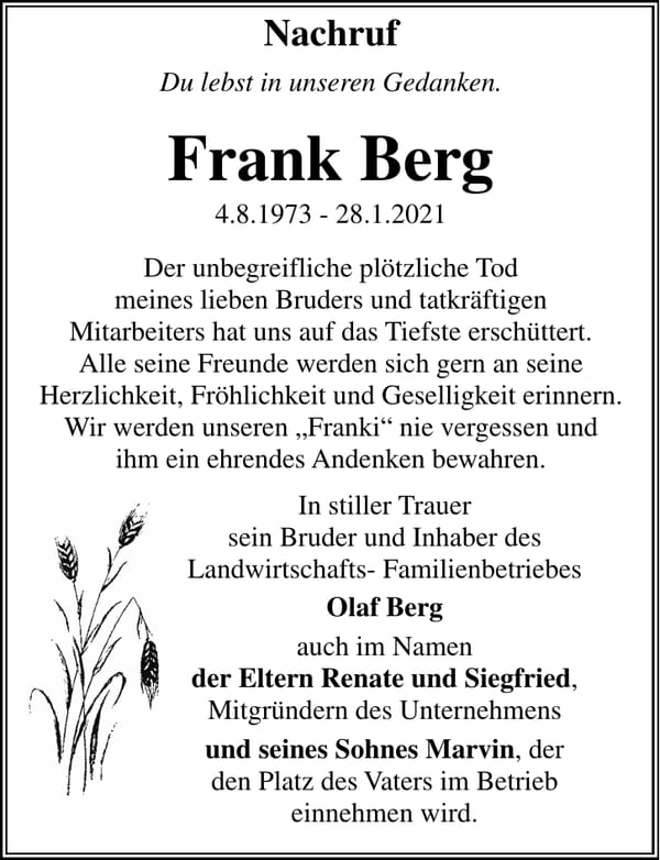 Nachruf Frank Berg
