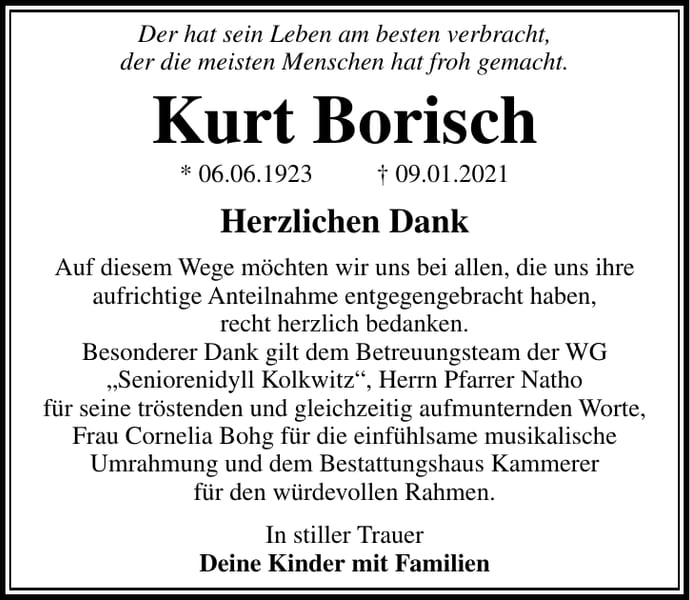 Danksagung Kurt Borisch