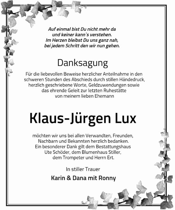 Danksagung Klaus-Jürgen Lux