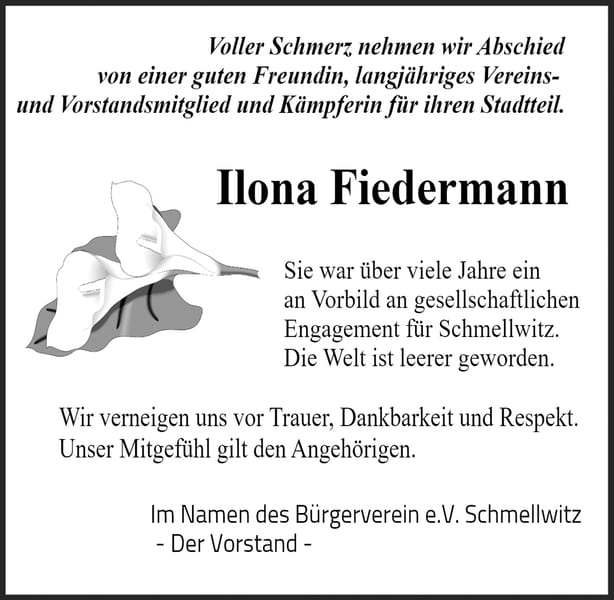 Traueranzeige Ilona Fiedermann