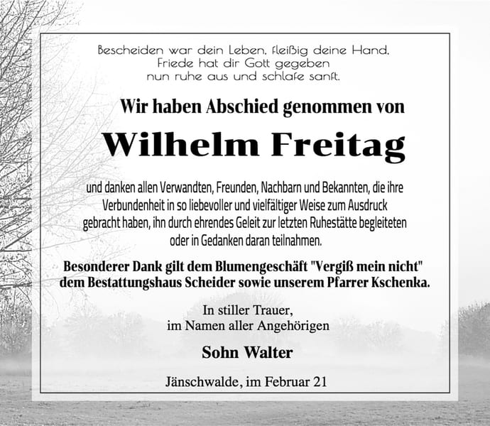 Traueranzeige Wilhelm Freitag