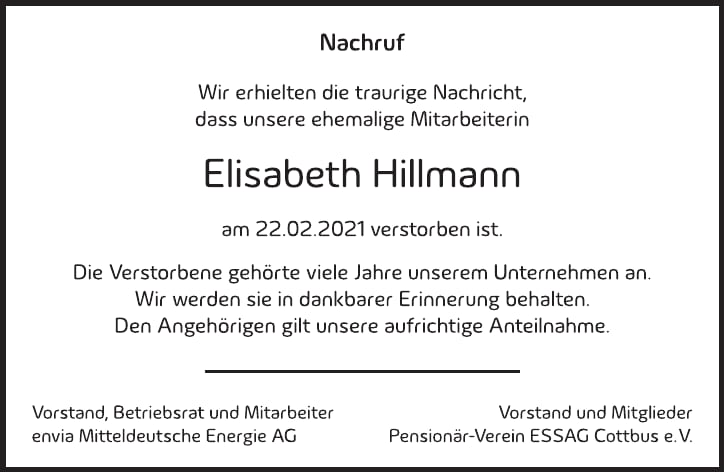 Nachruf Elisabeth Hillmann