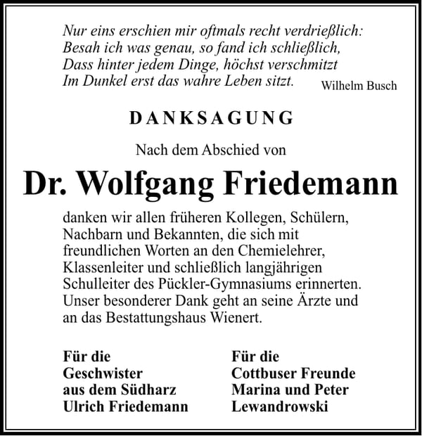 Danksagung Dr. Wolfgang Friedemann