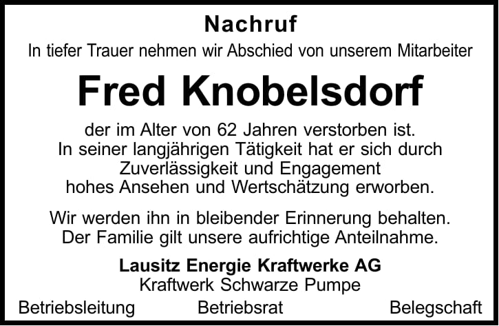 Traueranzeige Fred Knobelsdorf