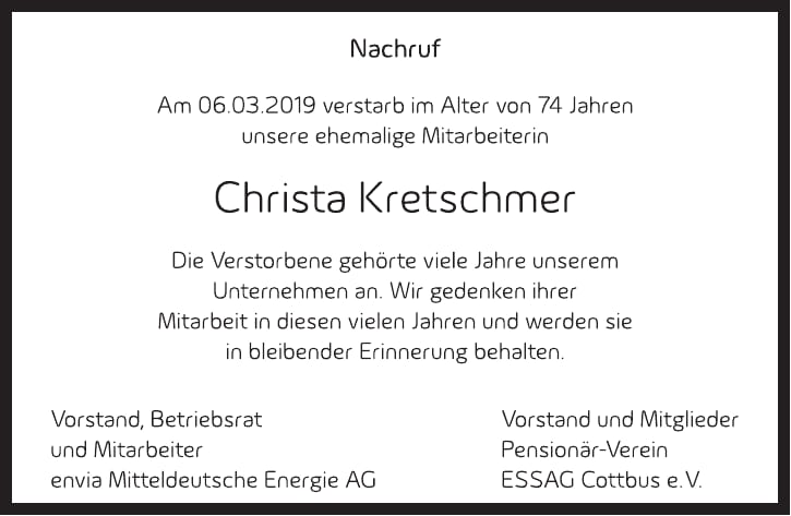 Traueranzeige Christa Kretschmer