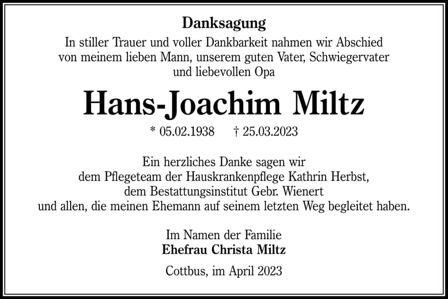 Danksagung Hans-Joachim Miltz