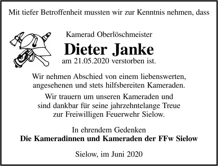 Traueranzeige Oberlöschmeister Dieter Janke