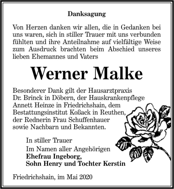 Danksagung Werner Malke
