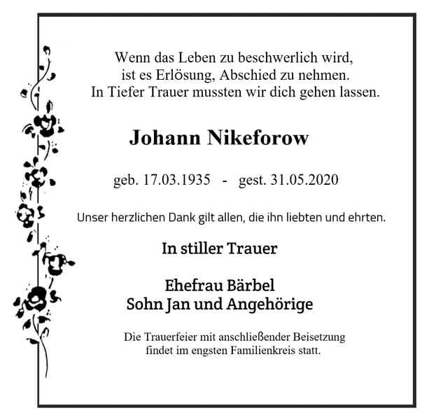 Traueranzeige Johann Nikeforow