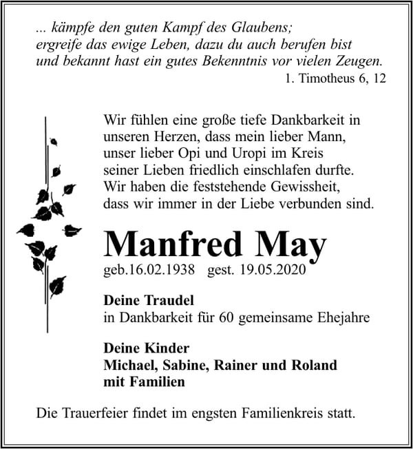 Traueranzeige Manfred May