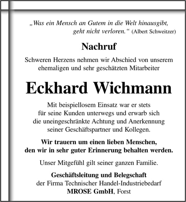 Traueranzeige Eckhard Wichmann
